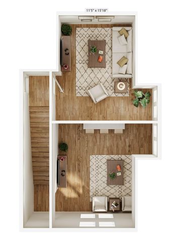 Stylish 3D floor plan with a warm wood finish, showcasing a cozy living area and inviting seating arrangements.