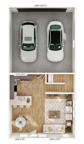 Detailed 2D floor plan featuring a garage for two cars and an open-concept living area with a modern kitchen.