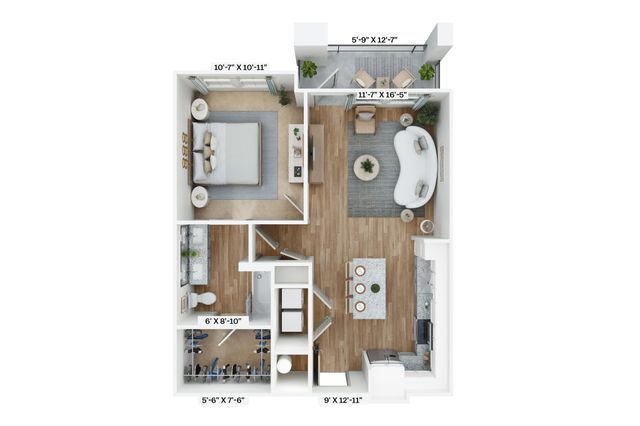Chic 3D floor plan with a spacious bedroom, open-concept living area, and modern kitchen.