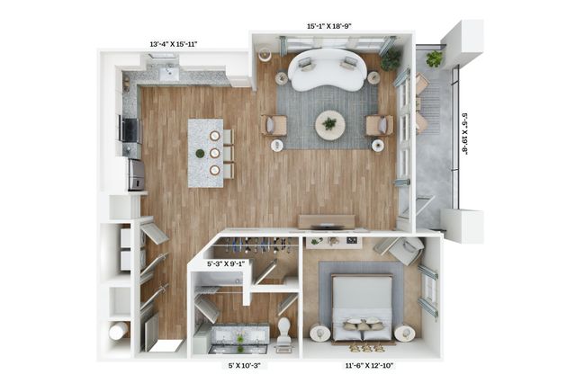 Contemporary floor plan featuring a single bedroom, open living and kitchen area, with a spacious balcony.