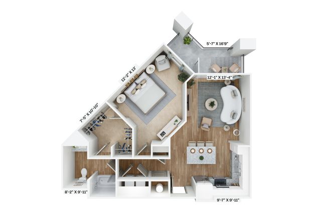 Modern 2D floor plan of a one-bedroom apartment featuring an open-concept living area and private balcony.