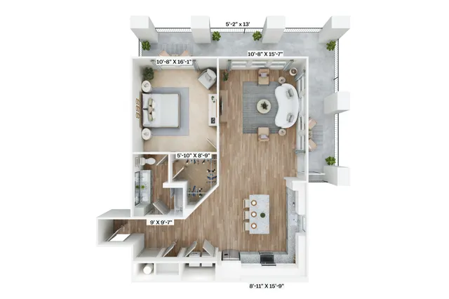 Elegant 3D floor plan with a bedroom, open living area, modern kitchen, and spacious balcony.