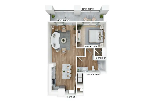 Beautiful 2D floor plan with one bedroom, open-concept living area, modern kitchen, and balcony.