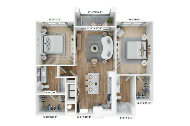 Elegant 3D floor plan featuring two spacious bedrooms, an open living area, and a modern kitchen.