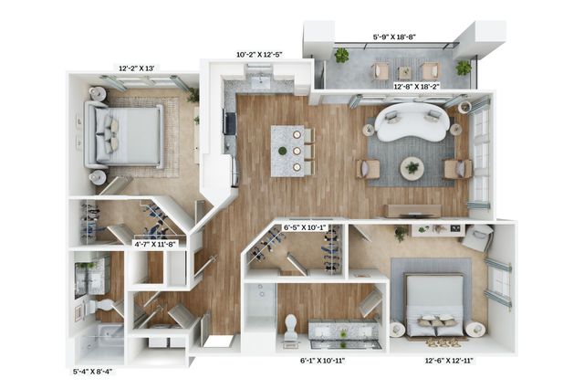 3D floor plan showcasing two bedrooms, two bathrooms, a modern kitchen, and an open living area with balcony.
