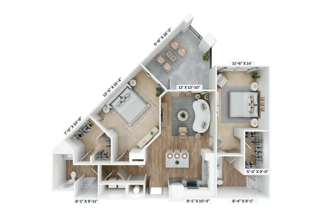 3D floor plan showcasing two bedrooms, open living area, modern kitchen, and balcony.