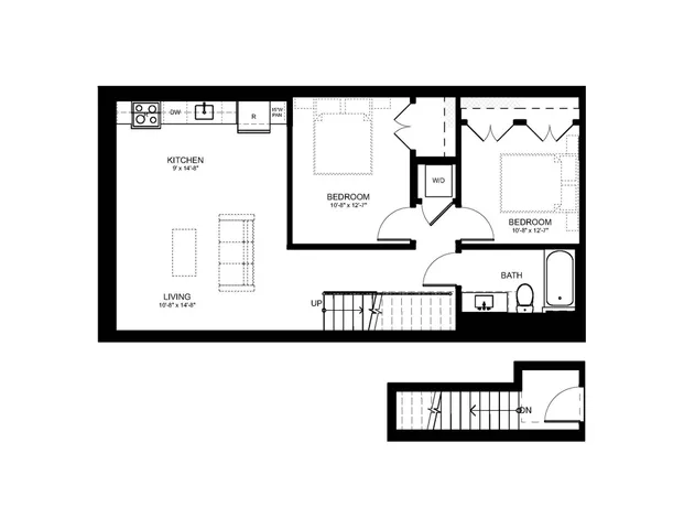 Contemporary 2D floor plan featuring 2 bedrooms, an open kitchen, and a cozy living area.