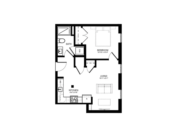 Elegant 2D floor plan featuring 1 bedroom, an open living area, and a modern kitchen.