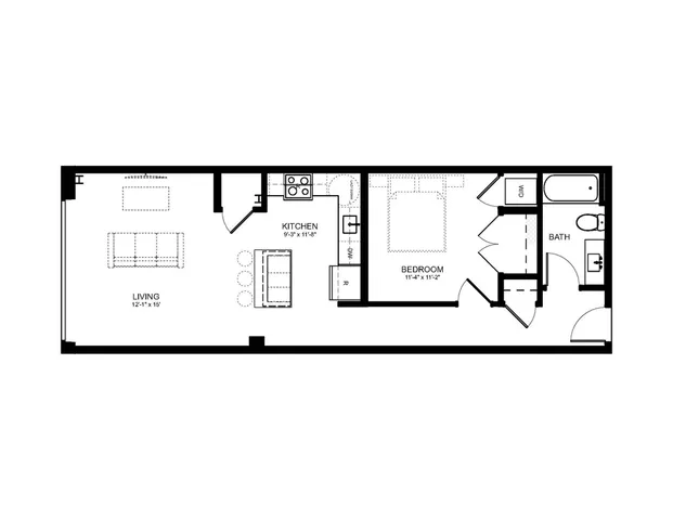 Modern floor plan showcasing 1 bedroom, open kitchen, and a spacious living area.