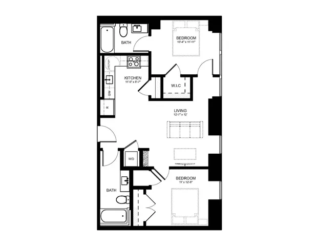 Contemporary floor plan featuring 2 bedrooms, a sleek kitchen, and a spacious living area.