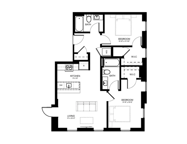 Modern floor plan featuring 2 bedrooms, 2 baths, an expansive living room, and a stylish kitchen.