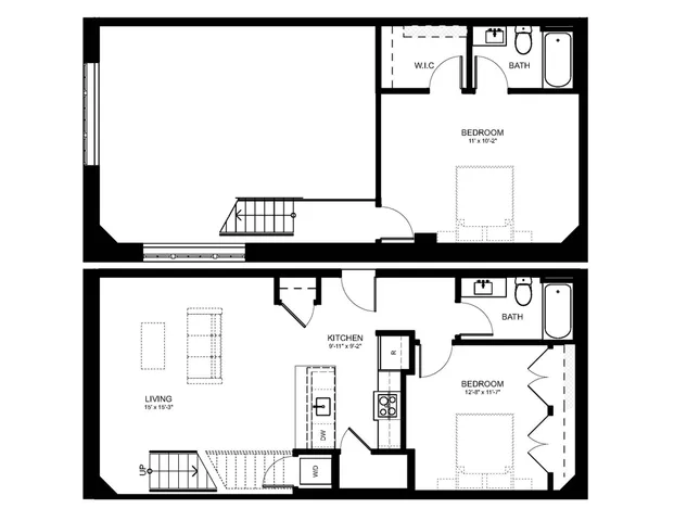 Stylish duplex floor plan featuring two bedrooms, two bathrooms, a modern kitchen, and a spacious living area.
