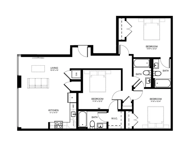 Elegant floor plan showcasing 3 bedrooms with two bathrooms, featuring a spacious kitchen and living area layout.