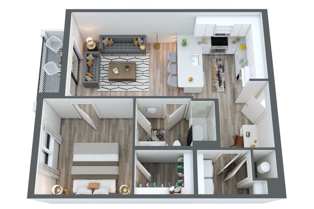 Modern floor plan showcasing a chic 2-bedroom apartment with an open living area, stylish kitchen island, and private balcony.