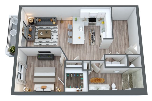 Modern 2D floor plan showcasing 1 bedroom, an inviting living room with balcony access, sleek kitchen, and elegant bathroom.