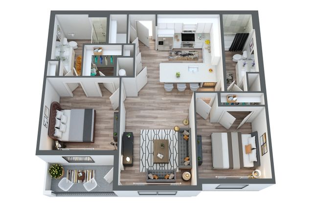 Modern 3D floor plan showcasing 2 spacious bedrooms, an open living space with chic furniture, and a sleek kitchen with a central island. Includes 2 elegantly designed bathrooms and a cozy balcony area.