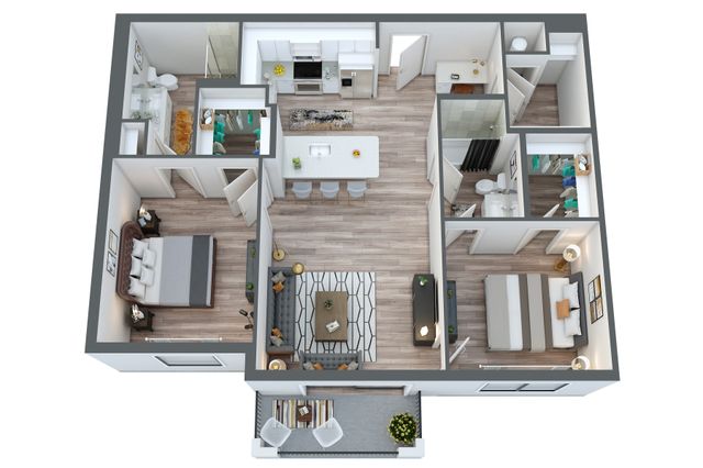 Modern 3D floor plan showcasing 2 bedrooms, a spacious open-concept kitchen, and a cozy living area with balcony access.