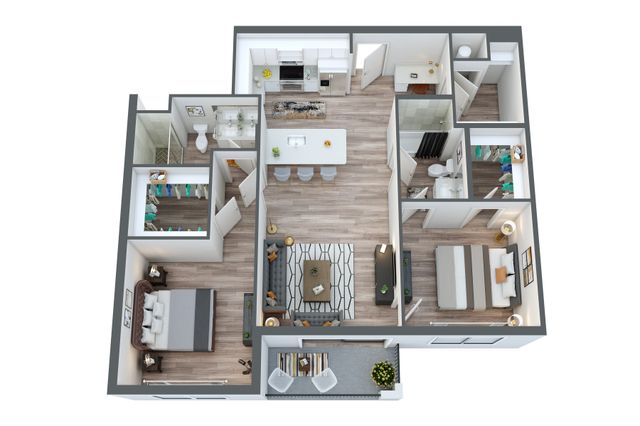 Modern 3D floor plan showcasing 2 bedrooms, an elegant open-concept living room, gourmet kitchen, and cozy balcony.