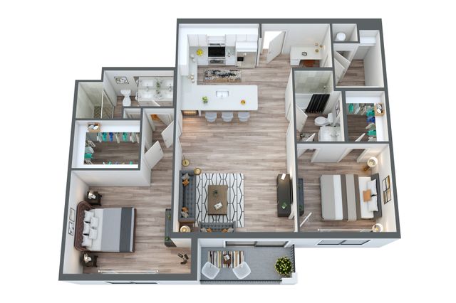 Modern 3D floor plan showcasing 2 beautiful bedrooms, an open-concept kitchen with island seating, and a cozy living area leading to a charming balcony.