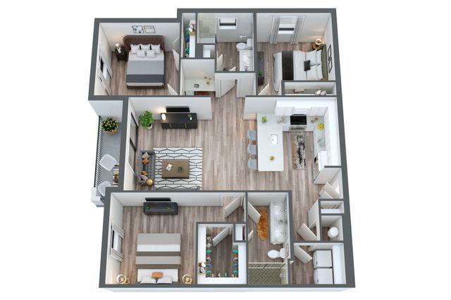 Modern 3D floor plan showcasing 3 spacious bedrooms, open-concept living area, sleek kitchen with island, and luxurious bathrooms.