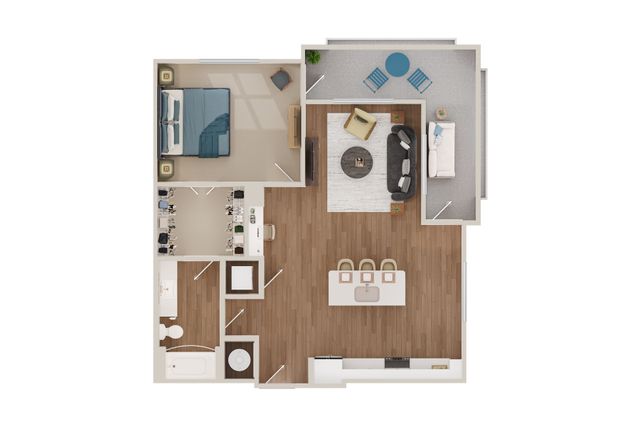 Modern floor plan showcasing a luxurious one-bedroom apartment with open-concept kitchen and living area, stylish bathroom, and inviting balcony space.