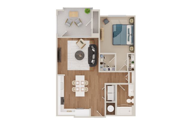Elegant 1-bedroom apartment floor plan with open kitchen and living area, spacious balcony, and cozy bathroom.