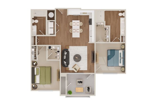 Modern 2D floor plan with 2 spacious bedrooms, cozy living room, sleek kitchen, and elegant bathrooms, perfect for stylish living.