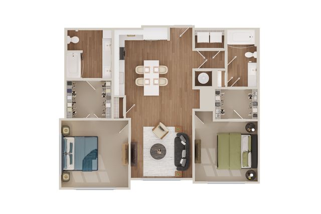 Modern floor plan showcasing 2 spacious bedrooms, elegant open-concept living space, sleek kitchen, and 2 stylish bathrooms.