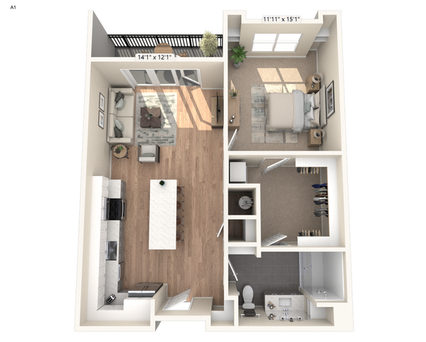 Modern floor plan showcasing a 1-bedroom apartment with a spacious living area, sleek kitchen with island, and a private balcony.