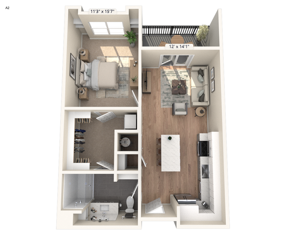 Elegant 3D floor plan showcasing a stylish one-bedroom apartment with a spacious living area, modern kitchen, and a private balcony.