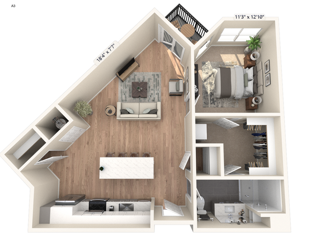Contemporary 1-bedroom apartment floor plan with open-concept living and kitchen area, modern bathroom, spacious walk-in closet, and private balcony.