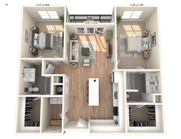Modern 2D floor plan displaying 2 elegant bedrooms, a chic open living area, and a functional kitchen, perfect for stylish living.