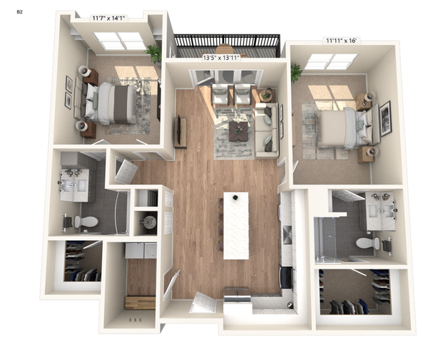 Elegant 3D floor plan showcasing 2 bedrooms, open living area, and modern kitchen with a central island. Includes two spacious bathrooms and ample closet space.