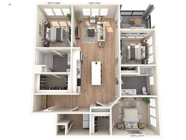 Elegant 3D floor plan featuring three spacious bedrooms, an open living area, modern kitchen island, and a private balcony.