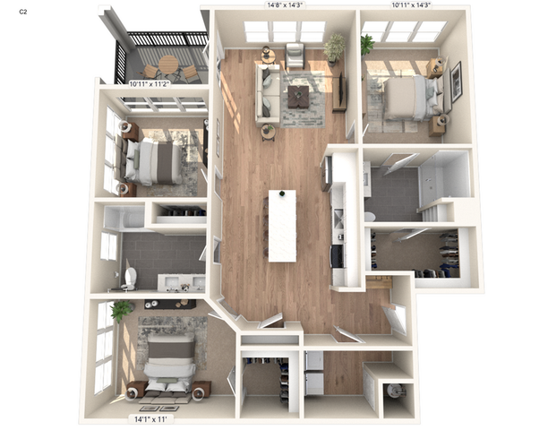 Spacious floor plan showcasing a stylish layout with three bedrooms, open-concept living area, modern kitchen, and private balcony.