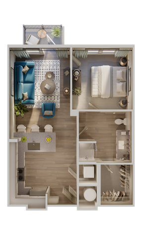 Elegant 2D floor plan showcasing a chic one-bedroom apartment with a modern open kitchen, cozy living area, stylish bathroom, and inviting balcony.