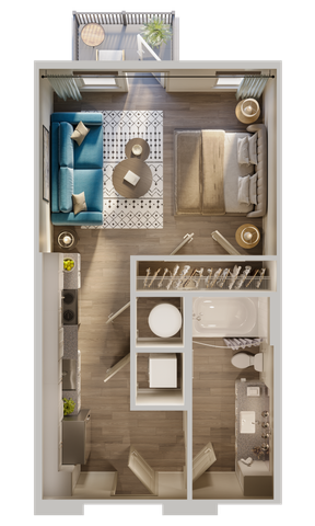 Chic floor plan showcasing a cozy 1-bedroom apartment with a stylish living area, modern kitchen, and compact bathroom, plus a charming balcony for relaxation.