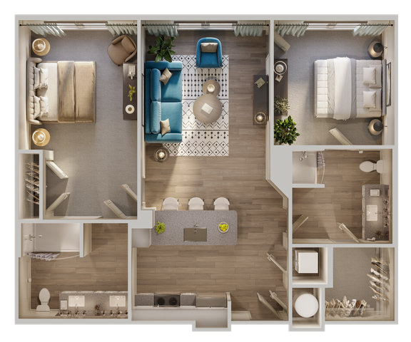 Modern 2D floor plan showcasing 2 spacious bedrooms, an open living area, and a sleek kitchen with island seating.