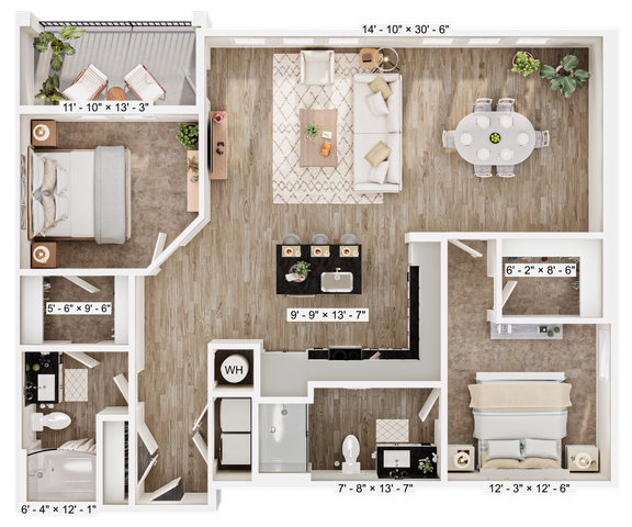 Elegant 3D floor plan showcasing 2 bedrooms, modern open living area, sleek kitchen, and a cozy balcony retreat.