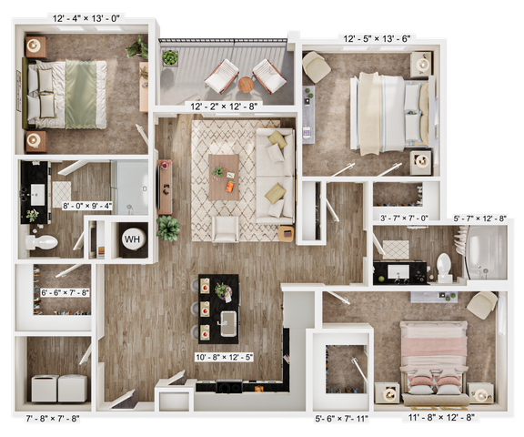 Contemporary 3-bedroom floor plan featuring a cozy living room, modern kitchen with bar seating, and two elegant bathrooms. Includes a spacious balcony for relaxing outdoor moments.