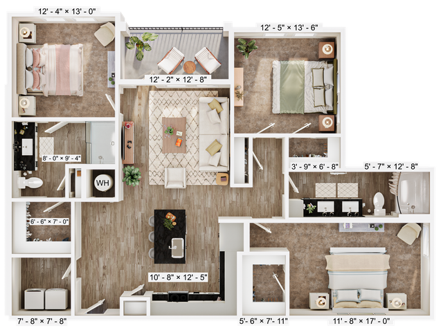 Elegant 3D floor plan featuring three spacious bedrooms, a modern kitchen with an island, open-concept living area, and two stylish bathrooms.