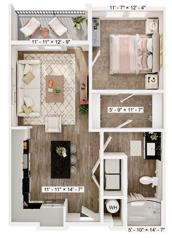 Contemporary floor plan displaying an elegant open-concept living and dining area, cozy bedroom, stylish kitchen, and spacious balcony.