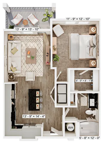 Modern floor plan featuring a spacious open-concept living area, cozy bedroom, stylish kitchen with bar seating, and an inviting balcony.