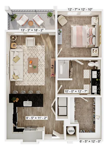 Modern 1-bedroom apartment floor plan with open-concept living area, sleek kitchen, and private balcony.