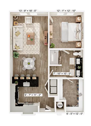 Elegant floor plan showcasing a spacious open-concept living and dining area, a cozy bedroom, and a modern kitchen with a breakfast bar.