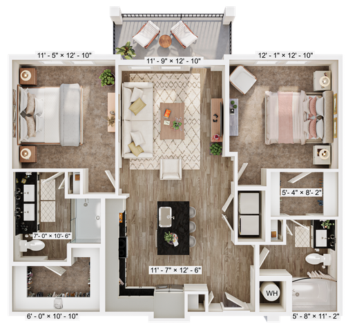 Elegant 2D floor plan showcasing 2 spacious bedrooms, an open-concept living and dining area, and a modern kitchen. Features include two chic bathrooms and a cozy balcony.