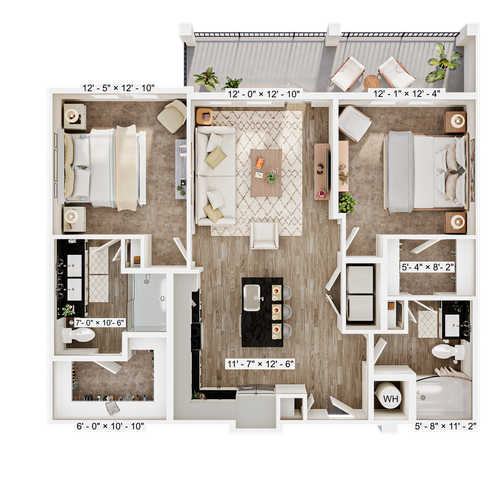 Elegant apartment floor plan showcasing 2 spacious bedrooms, an inviting living area, modern kitchen with island, and two stylish bathrooms, complemented by a private balcony.