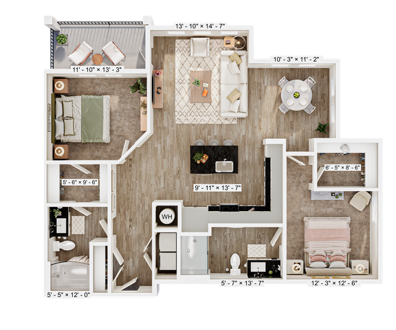 Modern floor plan showcasing 2 bedrooms, inviting living area, and sleek kitchen with dining nook. Includes spacious balcony and contemporary finishes.