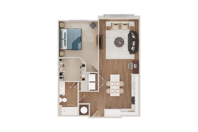 Modern 1-bedroom apartment floor plan with open-concept living room and dining area, sleek kitchen, spacious bathroom, and large walk-in closet.