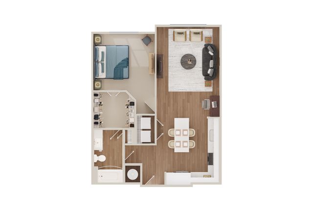 Elegant 2D floor plan showcasing a spacious one-bedroom apartment with an open-concept living area and modern kitchen.